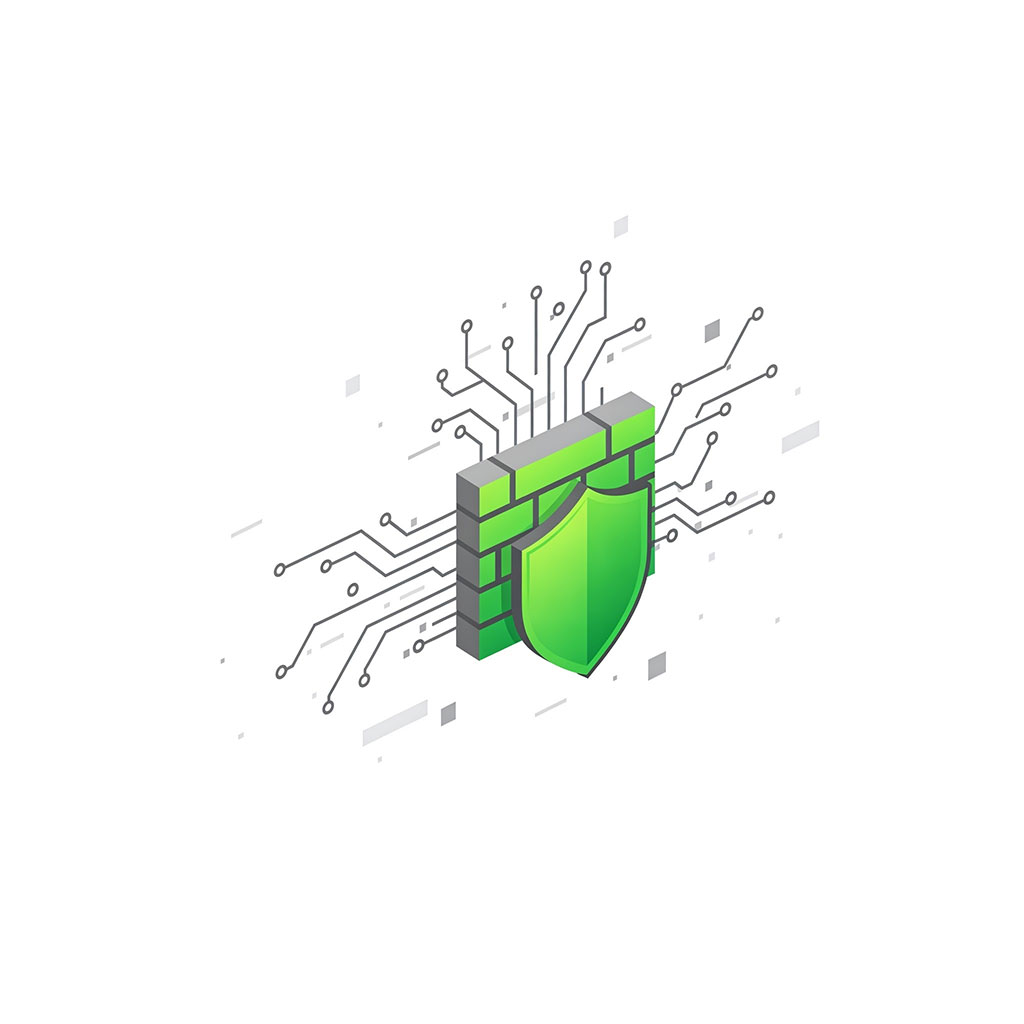 Desenho de um escudo e uma parede conectados a uma rede digital, representando segurança na internet.